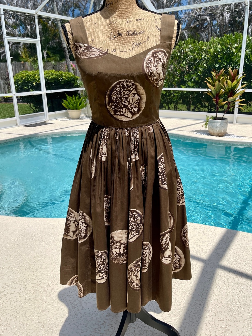 Dolce & Gabbana Brown Midi Dress with Cream Coin Medallion Print